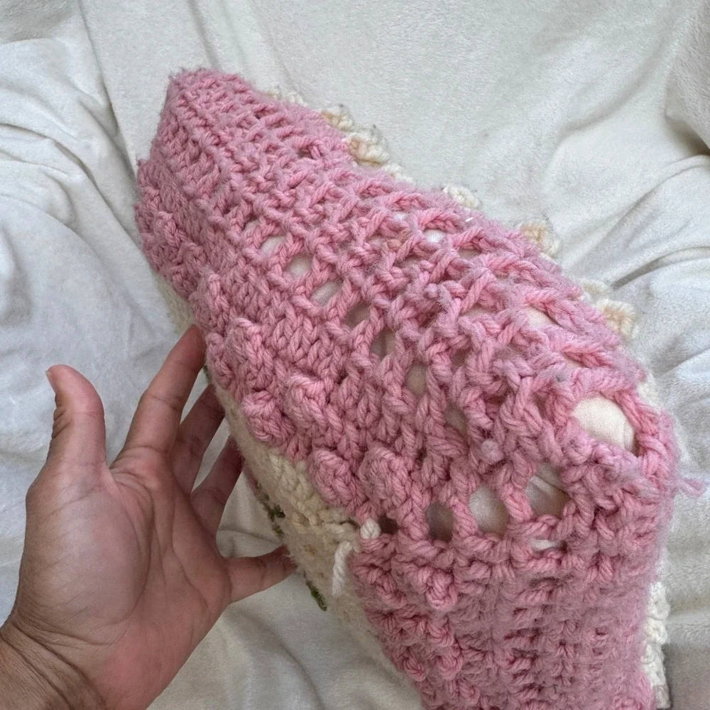 Handmade Crochet Rose Throw Pillow 15x15 Pink Cream Vintage Cottage 3D Floral